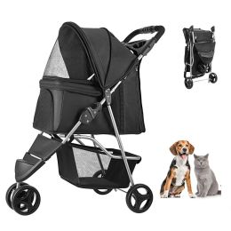 Pet Stroller, 35 lbs Weight Capacity, Foldable Dog Stroller Cart, 3 Wheels Cats Stroller with Mesh Windows and Cup Holders