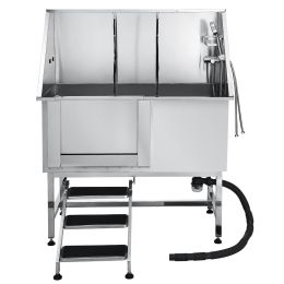 Stainless Steel Dog Washing Station, 50 inch Pet Grooming Tub w/ Stairs, PE Water Filter Board