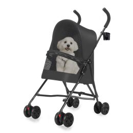 Pet Stroller for Small Dogs Cats with Mesh Ventilation, Lightweight Foldable Design, Cup Holder, Black (Color: Black)